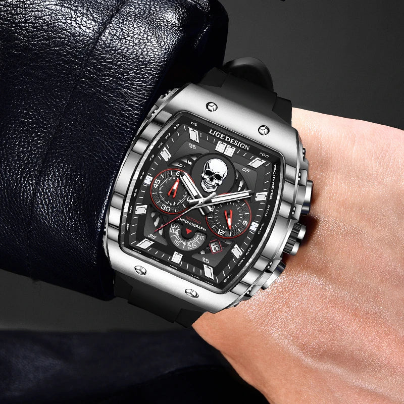 LIGE Skeleton Skull Dial Sport Army Watches Mens Fashion Luxury Waterproof Quartz Watch Chronograph Montre Homme