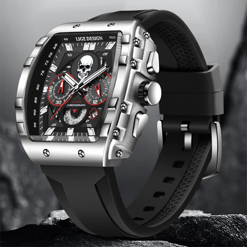 LIGE Skeleton Skull Dial Sport Army Watches Mens Fashion Luxury Waterproof Quartz Watch Chronograph Montre Homme