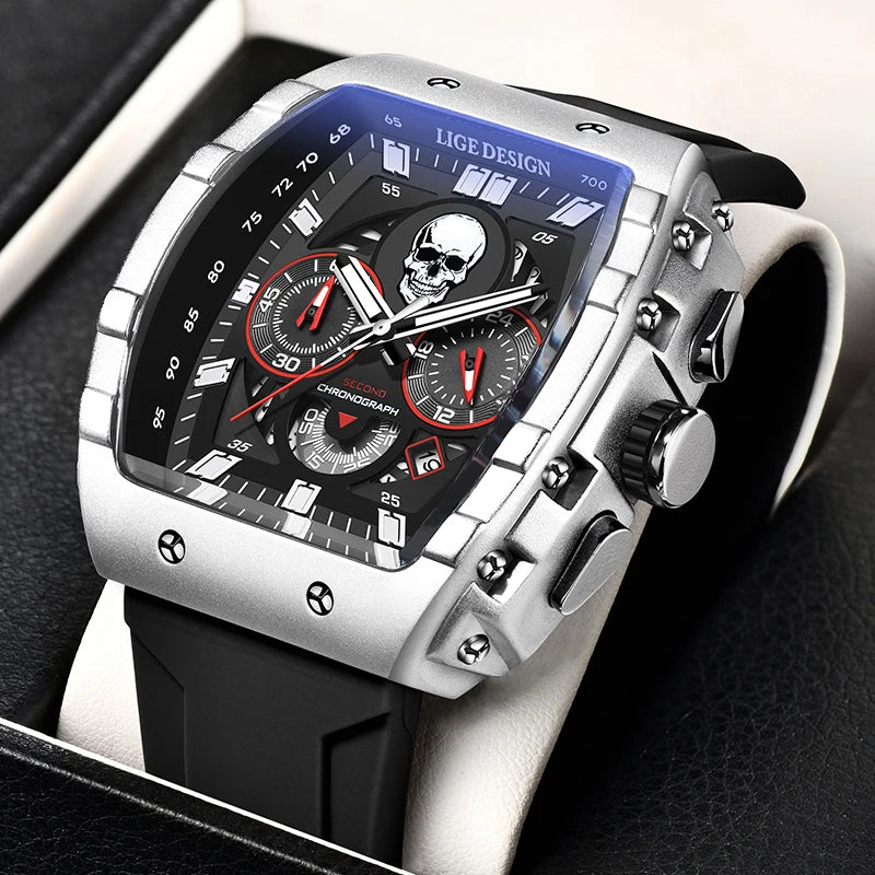 LIGE Skeleton Skull Dial Sport Army Watches Mens Fashion Luxury Waterproof Quartz Watch Chronograph Montre Homme