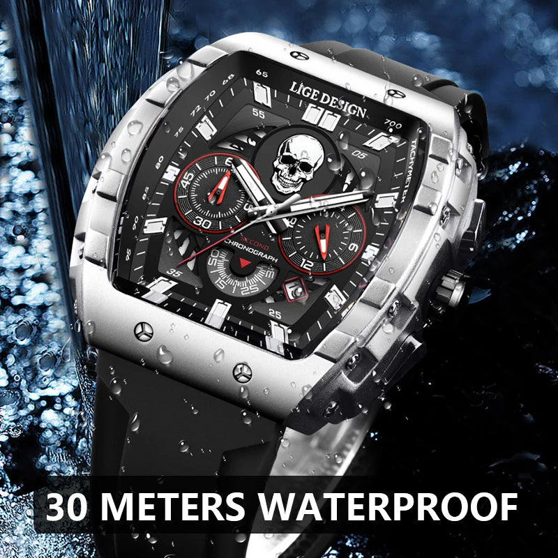 LIGE Skeleton Skull Dial Sport Army Watches Mens Fashion Luxury Waterproof Quartz Watch Chronograph Montre Homme