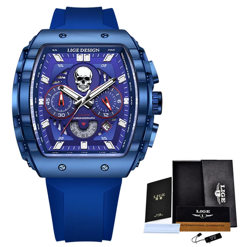 LIGE Skeleton Skull Dial Sport Army Watches Mens Fashion Luxury Waterproof Quartz Watch Chronograph Montre Homme