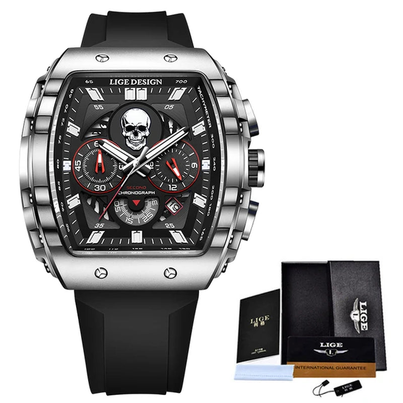 LIGE Skeleton Skull Dial Sport Army Watches Mens Fashion Luxury Waterproof Quartz Watch Chronograph Montre Homme