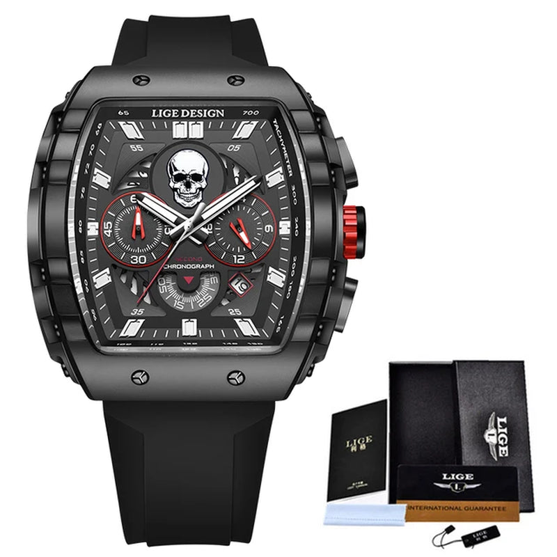 LIGE Skeleton Skull Dial Sport Army Watches Mens Fashion Luxury Waterproof Quartz Watch Chronograph Montre Homme