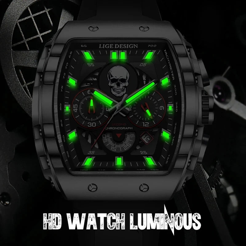 LIGE Skeleton Skull Dial Sport Army Watches Mens Fashion Luxury Waterproof Quartz Watch Chronograph Montre Homme