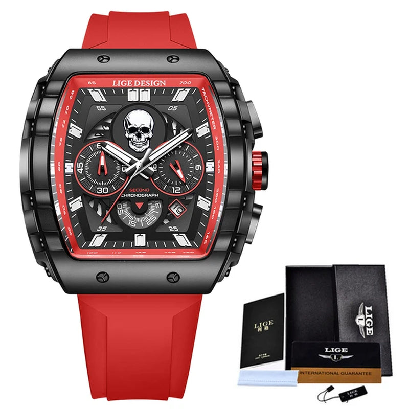 LIGE Skeleton Skull Dial Sport Army Watches Mens Fashion Luxury Waterproof Quartz Watch Chronograph Montre Homme