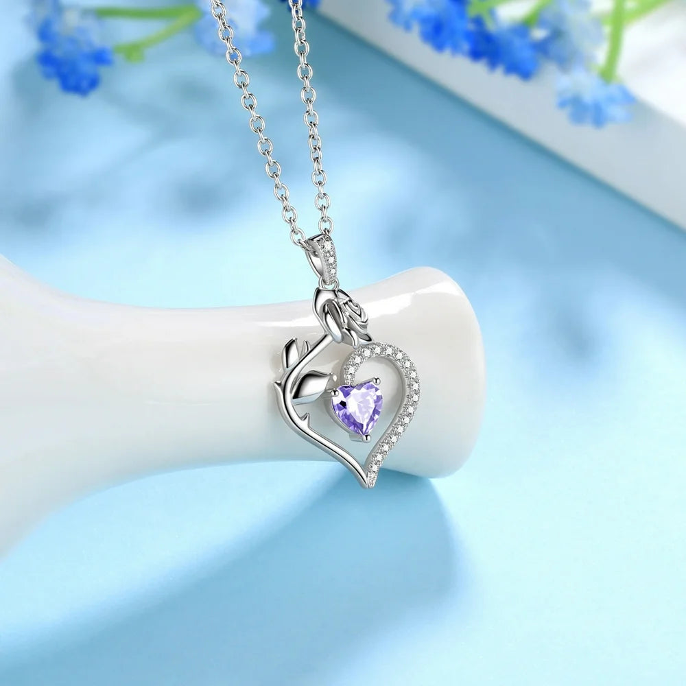 925 Sterling Silver Birthstone Necklace for Women Rose Flower Heart Pendant Necklace Fine Jewelry Anniversary Birthday Christmas Gifts for Women Girls