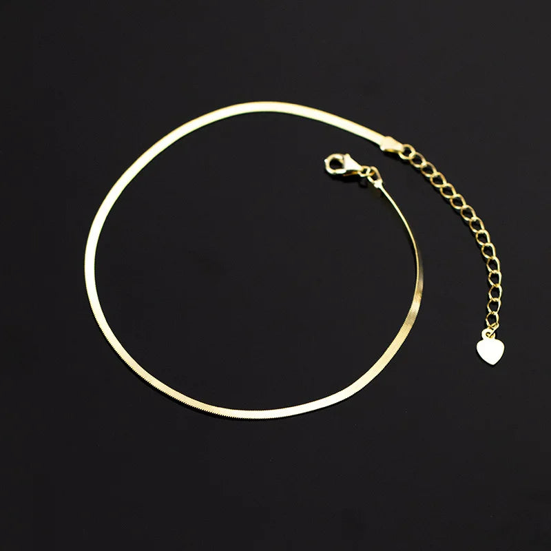 925 Sterling Silver Minimalist 18K Gold Glossy Snake Bone Anklet for Women Beach Summer Charm Party Jewelry Accessories