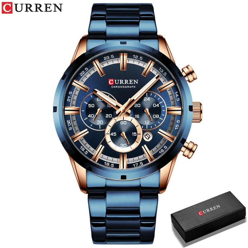 Men'S Watch Blue Dial Stainless Steel Band Date Mens Business Male Watches Waterproof Luxuries Men Wrist Watches for Men