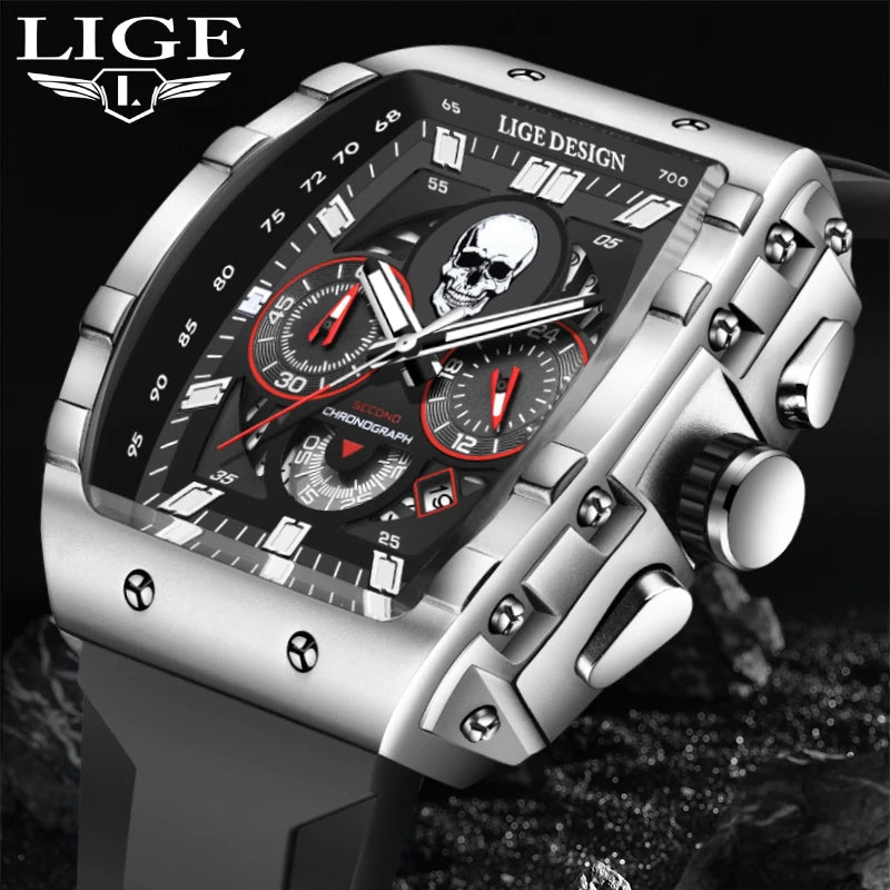 LIGE  Skeleton Skull Dial Sport Army Watches Mens Fashion Luxury Waterproof Quartz Watch Chronograph Montre Homme