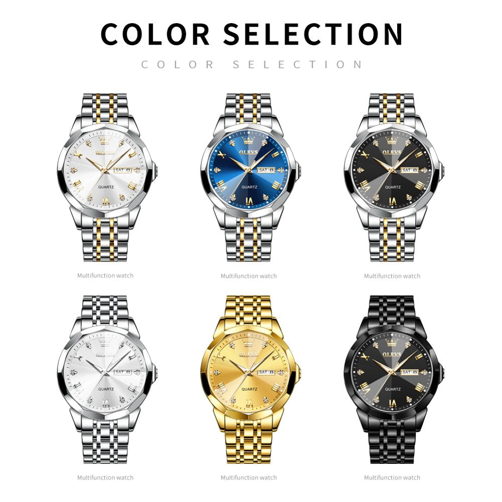 Mens Watches Gold Sliver Stainless Steel Watch Blue Face Watches with Day Date Analog Quartz Waterproof Watches for Men Fashion Two Tone Watch Men Business Luminous Wrist Watches