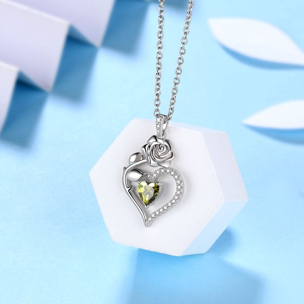 925 Sterling Silver Birthstone Necklace for Women Rose Flower Heart Pendant Necklace Fine Jewelry Anniversary Birthday Christmas Gifts for Women Girls