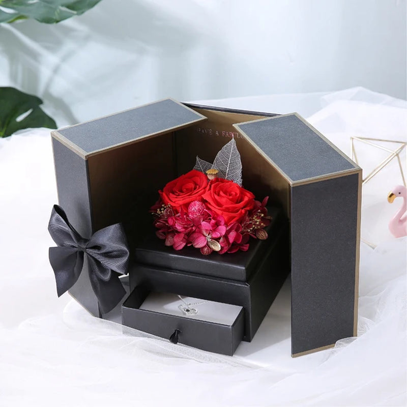 Preserved Rose Bear Box with Heart Pendant Jewelry Projection 100 Languages I Love You Valentine'S Gifts for Wife/Girlfriend/Mom