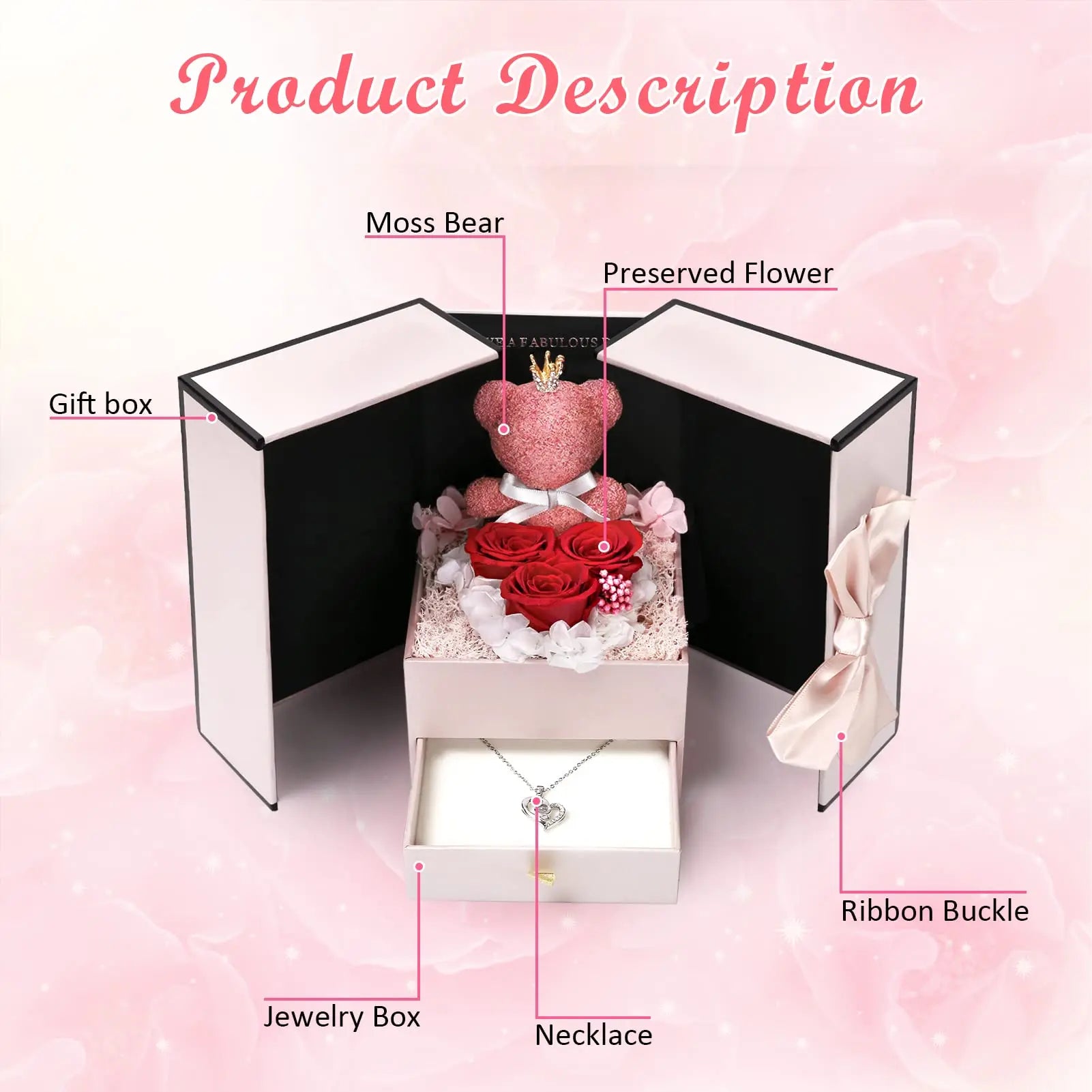 Preserved Rose Bear Box with Heart Pendant Jewelry Projection 100 Languages I Love You Valentine'S Gifts for Wife/Girlfriend/Mom