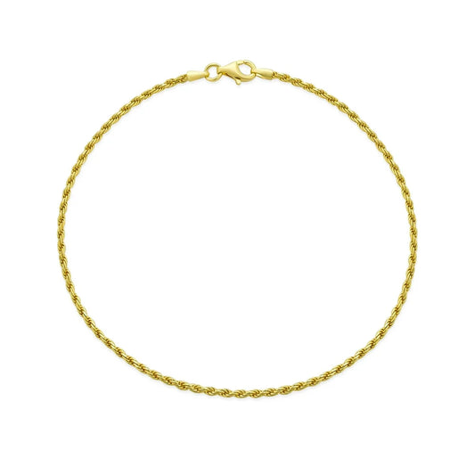 Yellow 14K Gold Plated .925 Sterling Silver 9 Inch Cable Rope Chain Anklet