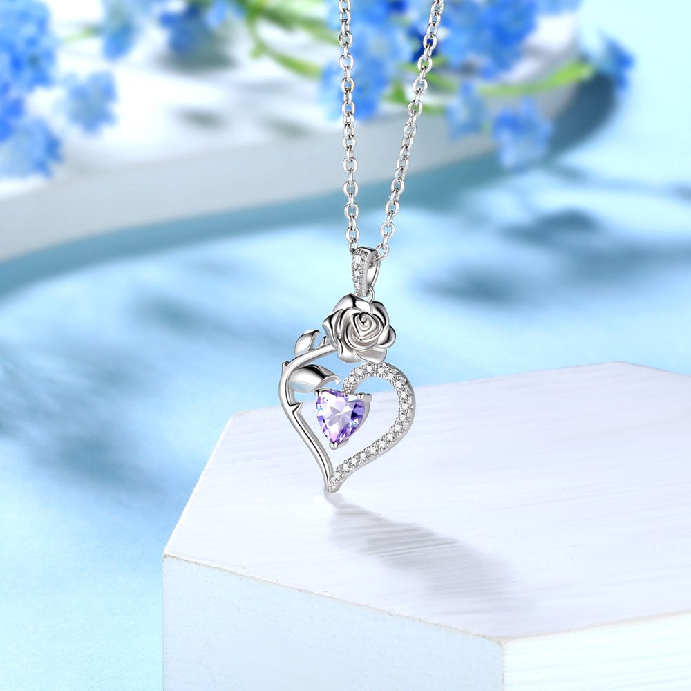 925 Sterling Silver Birthstone Necklace for Women Rose Flower Heart Pendant Necklace Fine Jewelry Anniversary Birthday Christmas Gifts for Women Girls