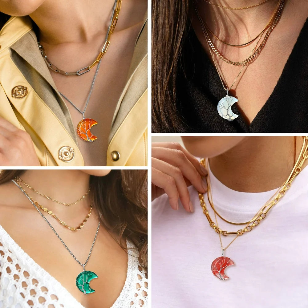 Birthstone Necklace for Women Gilrs Tree of Life Crescent Moon Pendant Necklace Synthetic Green Emerald Healing Crystal Necklaces May