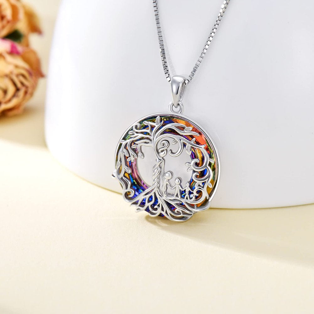 Valentines Day Gifts for Her Sterling Silver Mother and 3 Children Family Tree of Life Pendant Necklace with Volcano Crystal Mom Daughter Jewelry Gift for Women Wife Daughter Birthday