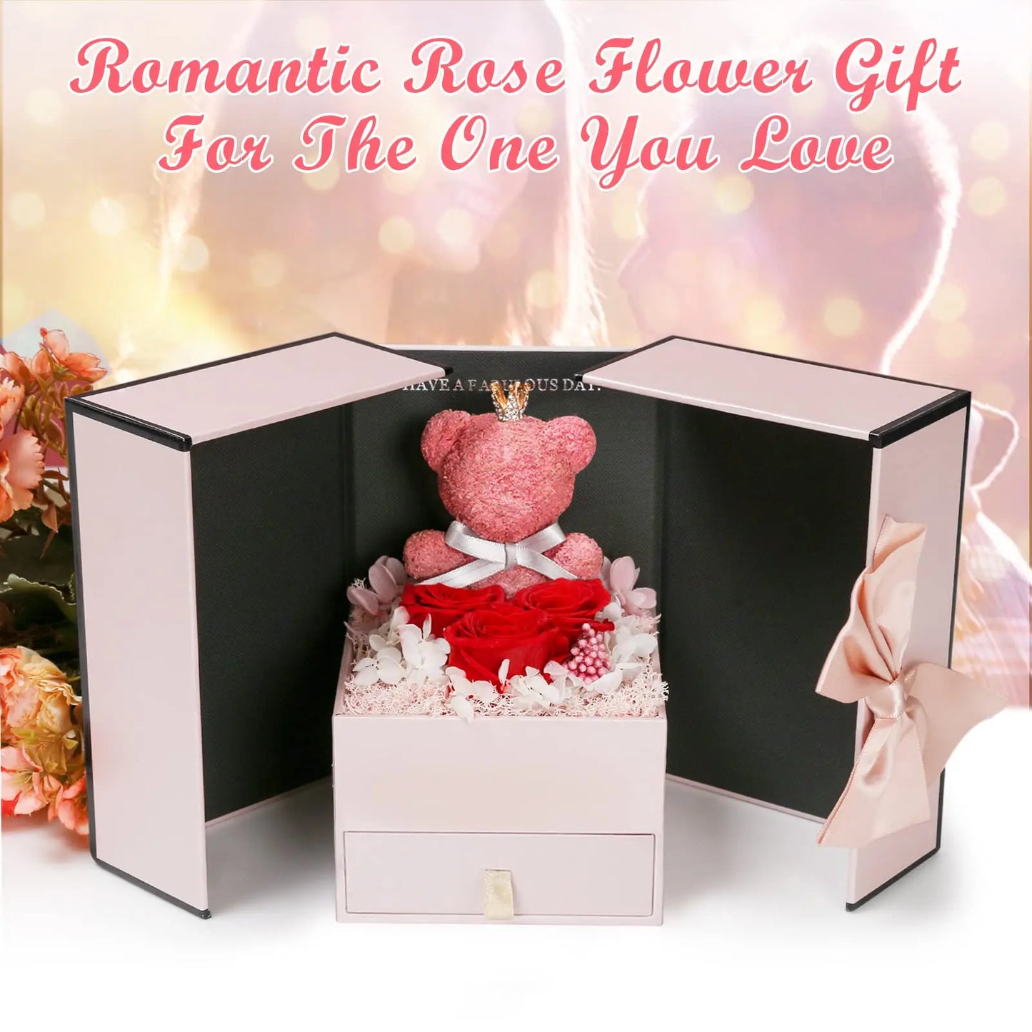 Preserved Rose Bear Box with Heart Pendant Jewelry Projection 100 Languages I Love You Valentine'S Gifts for Wife/Girlfriend/Mom