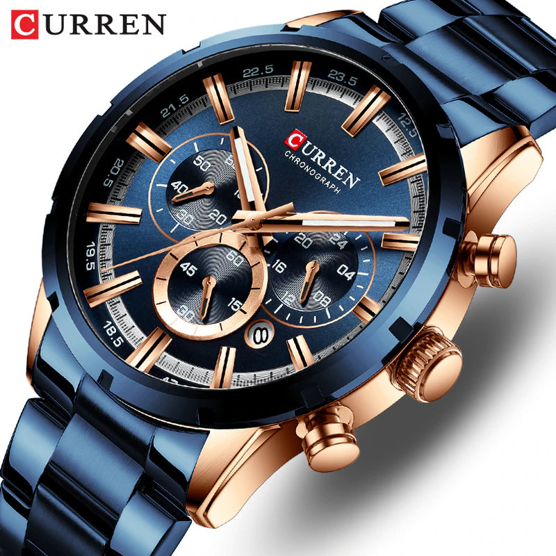 Men'S Watch Blue Dial Stainless Steel Band Date Mens Business Male Watches Waterproof Luxuries Men Wrist Watches for Men