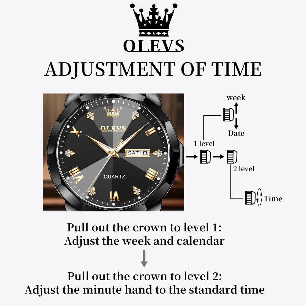 Black Watch for Men Diamond Luxury Casual Stainless Steel Date Quartz Watch Waterproof Luminous, Gifts for Men, Adult Male Wristwatch