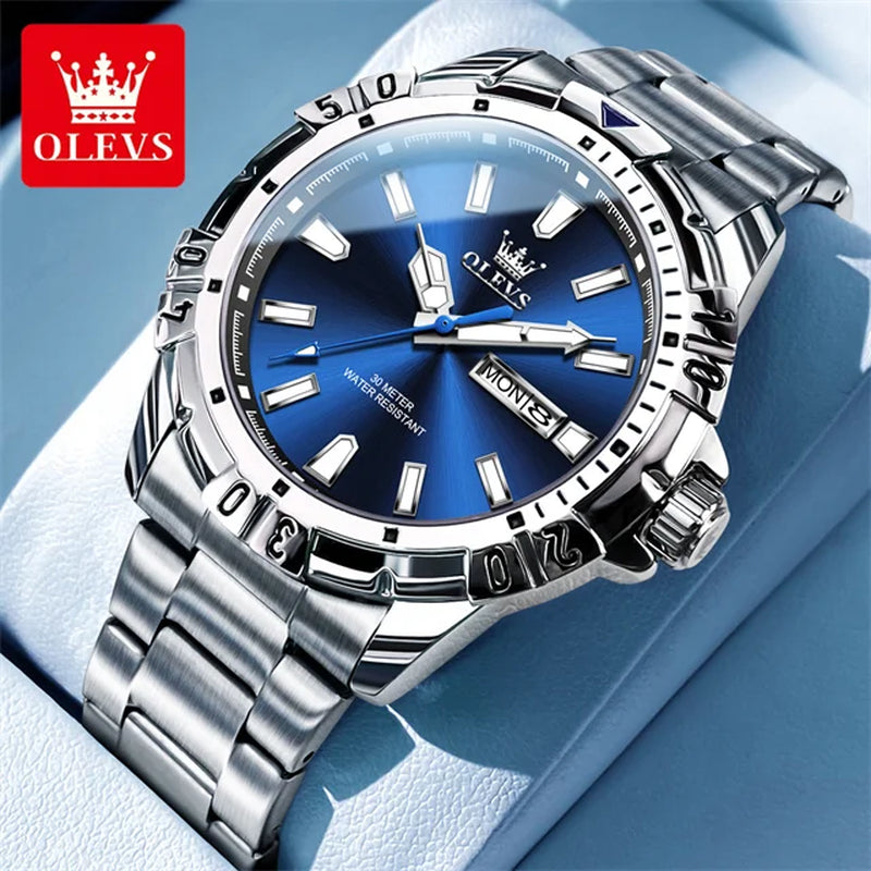 OLEVS Diving Series Quartz Wrist Watch for Men Stainless Steeel Waterproof Luminous Auto Date/Week Men'S Watches Rolex Style