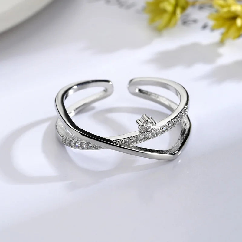 Korean Zircon Ring Personality Cross Open Adjustable Finger Rings for Women Fashion Silver Color Jewelry Accessories Party Gift