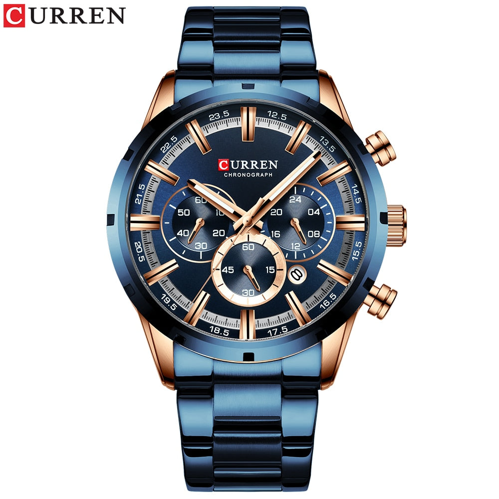 Men'S Watch Blue Dial Stainless Steel Band Date Mens Business Male Watches Waterproof Luxuries Men Wrist Watches for Men