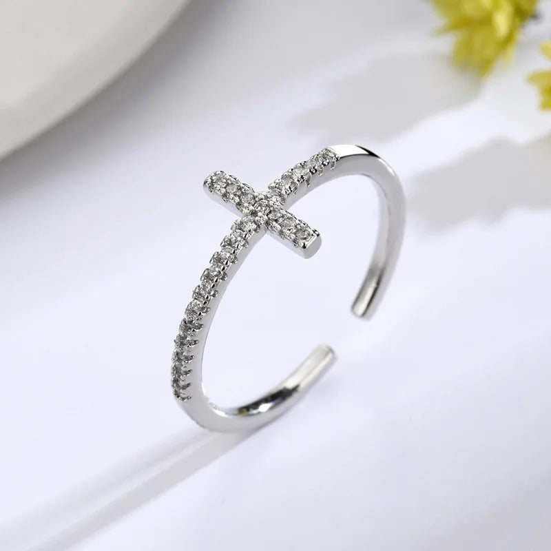 Korean Zircon Ring Personality Cross Open Adjustable Finger Rings for Women Fashion Silver Color Jewelry Accessories Party Gift