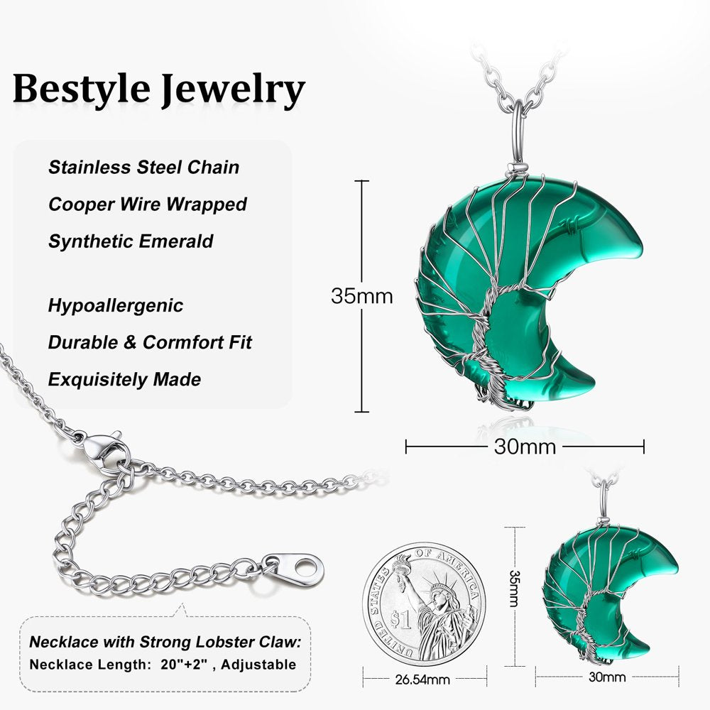 Birthstone Necklace for Women Gilrs Tree of Life Crescent Moon Pendant Necklace Synthetic Green Emerald Healing Crystal Necklaces May