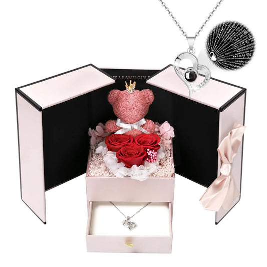 Preserved Rose Bear Box with Heart Pendant Jewelry Projection 100 Languages I Love You Valentine'S Gifts for Wife/Girlfriend/Mom