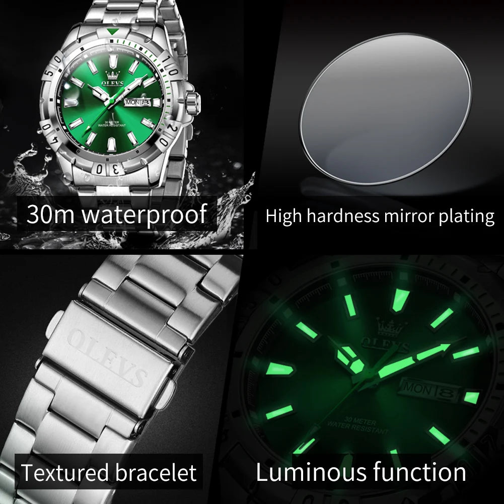 OLEVS Diving Series Quartz Wrist Watch for Men Stainless Steeel Waterproof Luminous Auto Date/Week Men'S Watches Rolex Style