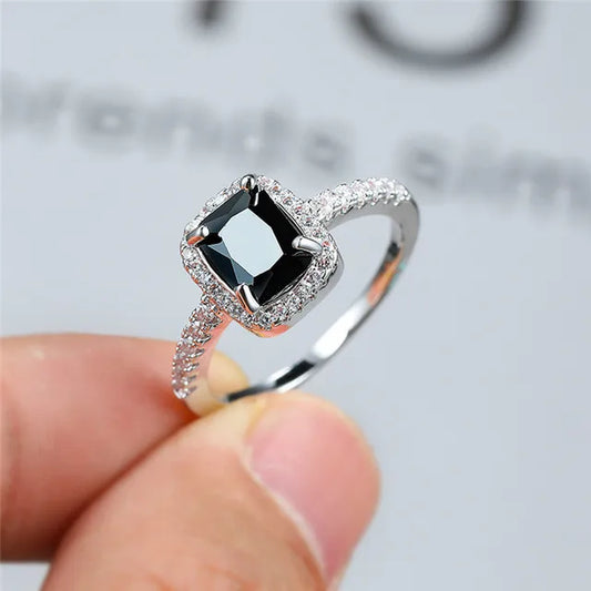 Vintage Female Crystal Black Stone Rings Silver Color Thin Wedding Jewelry for Women Trendy Square Zircon Engagement Ring