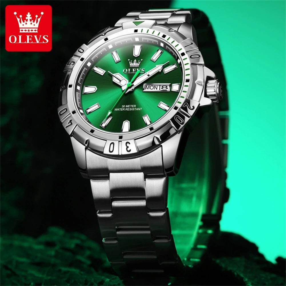 OLEVS Diving Series Quartz Wrist Watch for Men Stainless Steeel Waterproof Luminous Auto Date/Week Men'S Watches Rolex Style