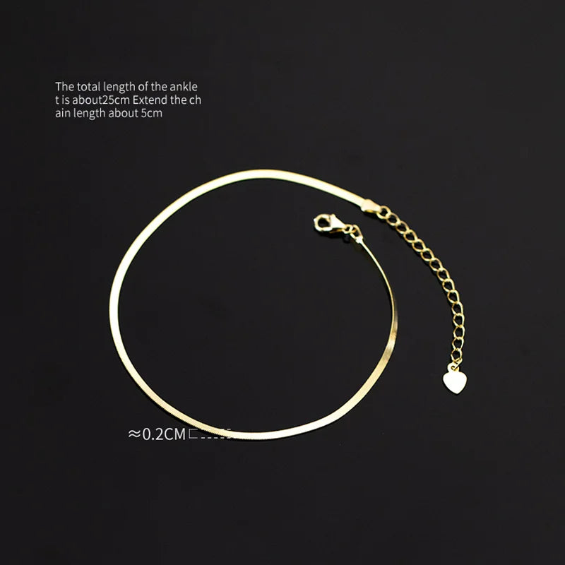 925 Sterling Silver Minimalist 18K Gold Glossy Snake Bone Anklet for Women Beach Summer Charm Party Jewelry Accessories